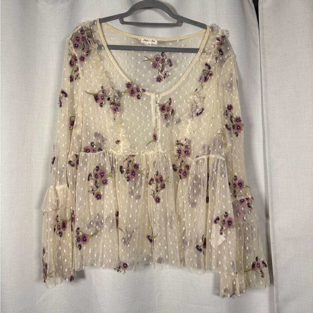 Skylar & Jade Cream Sheer Swiss Dot Embroidered Purple Floral Ruffle Blouse 1X - Picture 8 of 8